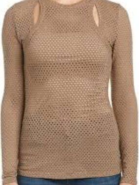 BCBGMAXAZRIA Mercy Cutout Open Mesh Long Sleeve Top Tan Fatigue Size M